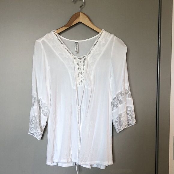 Maria Rello White Lace Boho Top Lace Up Neckline Womens Size Small Rayon - Picture 1 of 9